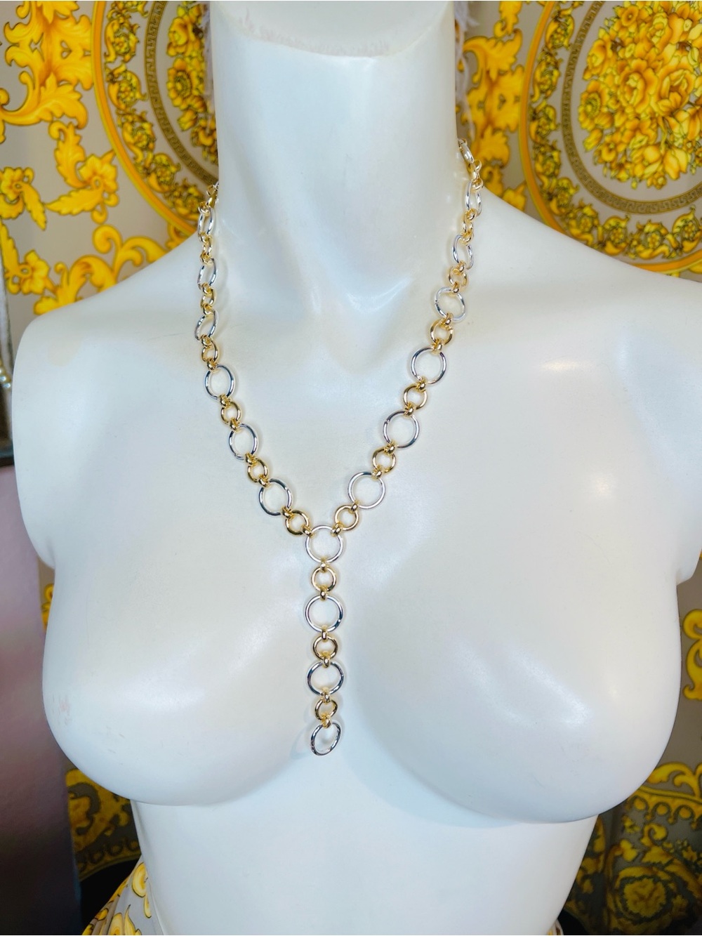 18k White Yellow gold two tone Y lariat 16” to 18” round link necklace